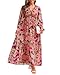 Pinup Fashion Women's Casual Long Sleeve Maxi Dress Floral Print Pink Boho Deep V Neck Wedding Guest Evening Party Chiffon Dresses