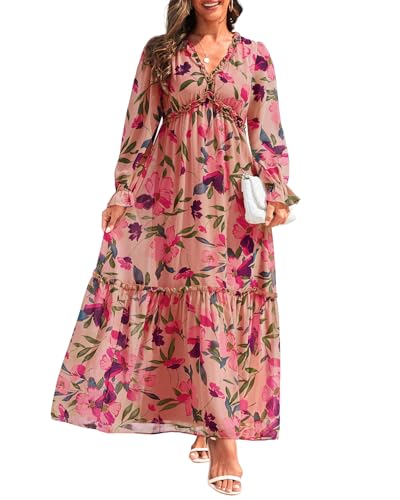 Pinup Fashion Fall Long Sleeve Maxi Dress - Casual Boho Chiffon Deep V Neck Long Flowy Dresses3