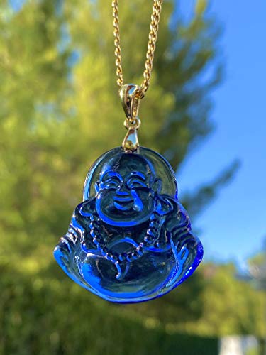 Happy Laughing Buddha Blue Jade Pendant Necklace With Cuban Chain - Genuine Certified Grade A Jadeite Hand Crafted - 14k Gold Filled Medallion3