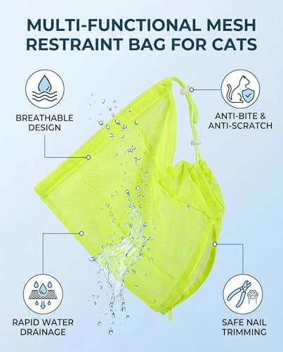 Image of Cat Bathing Washing Bag, Adjustable Multi Functional Cat Restraint Mesh Bag Pet Shower Accessories for Nail Trim Examining Ear Clean Injecting (Yellow)