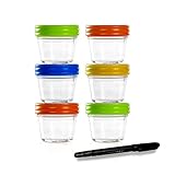 Glass Containers for Baby Food Storage Set Contains 6 Small Reusable 4oz Jars with Airtight Lids Safely Freeze your Homemade
