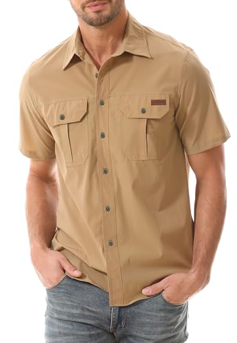 Zyvrenix Men's Casual Button Down Shirts Outdoor Short Sleeve Summer Beach Elastic Shirt with Pocket Khaki 2XL
