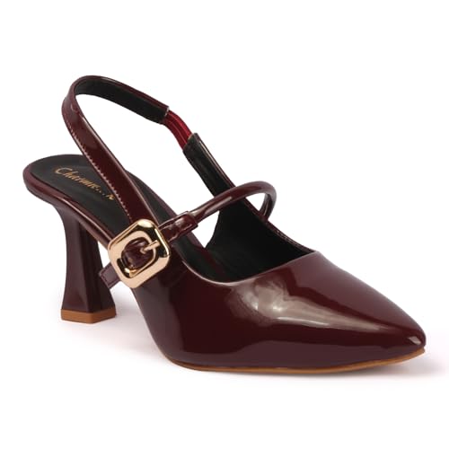 CHARMWALK Women’s Patent Slingback Heels | Pointed Toe Mid Heel Sandals with Buckle Closure | Elegant Party & Office Wear Pumps (Maroon, UK Footwear Size System, Adult, Women, Numeric, Medium, 5)