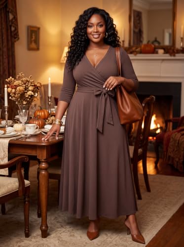 Image of FANDEE Plus Size Maxi Dress for Women Casual Summer Sundress V-Neck 3 /4 Sleeve