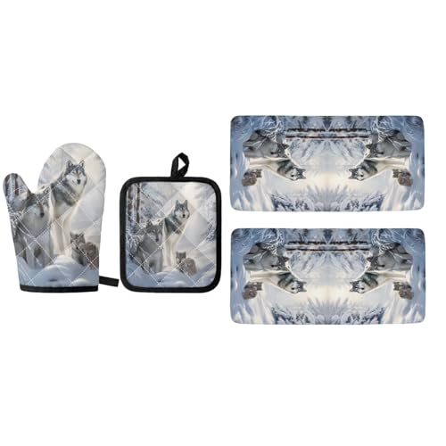 DISNIMO Family Wolf 4 Pcs Oven Mitts and Pot Holders Sets with Dish Towel Cooking Accessories Machine Washable Square Pads for Cooking Home Decor