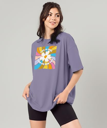 Image of SHODOX Women's Cotton Blend Oversized Drop Shoulder Printed T-Shirt | Soft, Breathable & Light Weight | Loose Fit Stylish Top for Girls with Premium Graphic Print