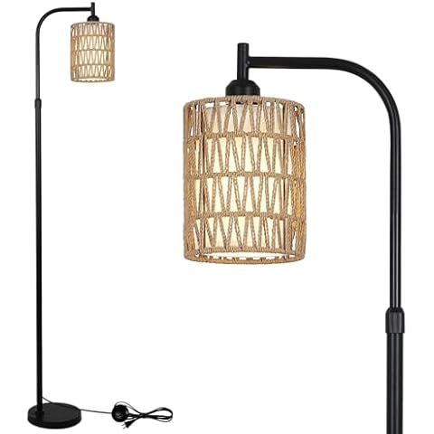 LAMSU Floor Lamps for Living Room Bright Lighting, Boho Rattan Floor Lamp, Modern Farmhouse Standing Lamp with 2-in-1 Rattan Shades, Minimalist Industrial Tall Pole Lamp for Bedroom Office, Black Cover