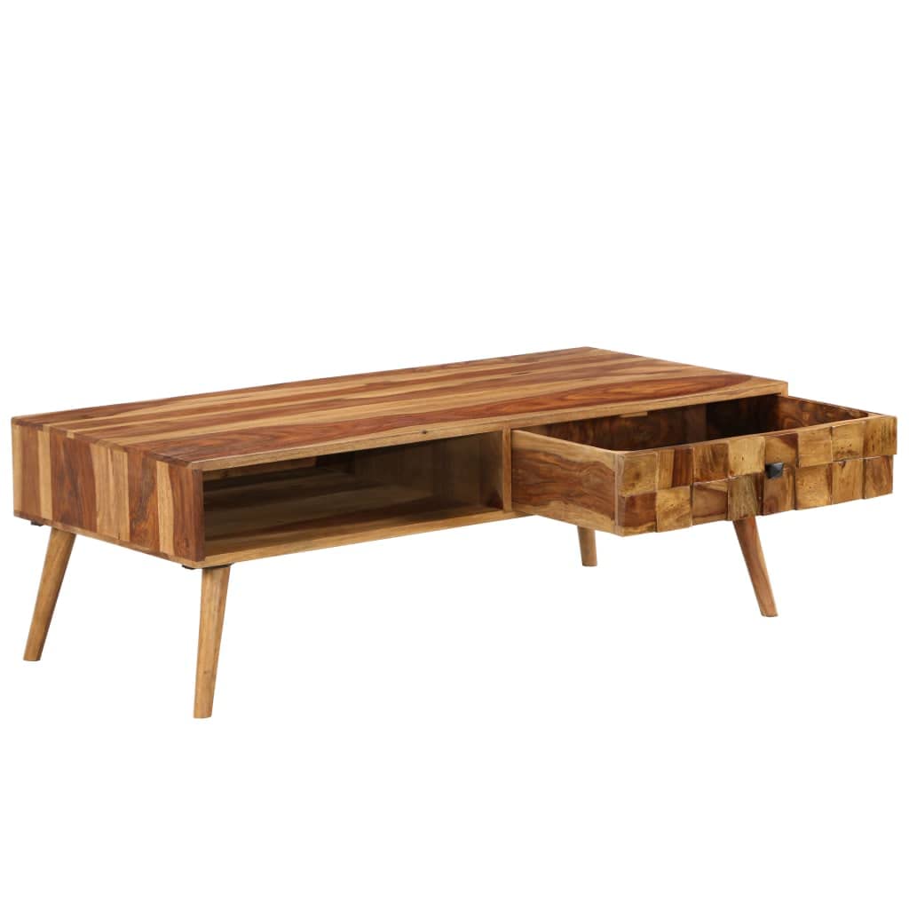 Tavolino da salotto in legno massello di acacia, marrone miele, 110 x 50 x 37 cm | Elegante tavolino da salotto con cassetto e ripiano in vero legno per uno spazio aggiuntivo.
