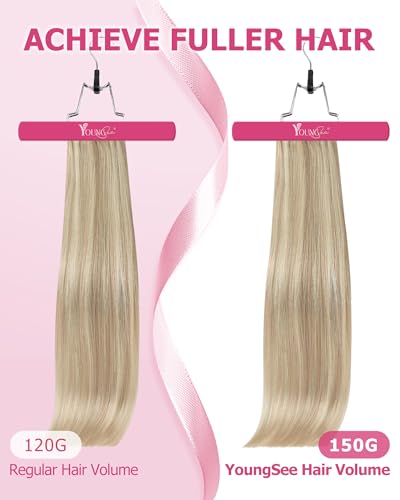 Image of YoungSee Blonde Clip Hair Extensions Highlight Dirty Blonde Mix Bleach Blond Human Hair Extensions Clip ins Short Straight Human Hair Clip in Extensions 12In 7Pcs 85G