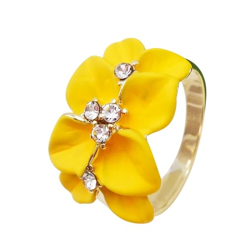 Navachi 18k Gold Plated Clear Crystal Yellow Enamel Leaves Flower Az0305r Ring (Sizes 5)
