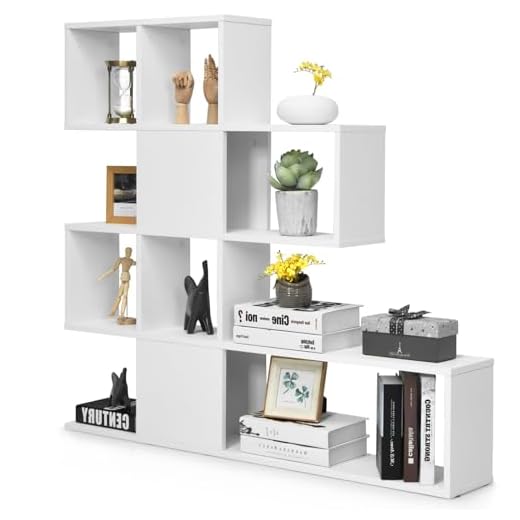 HOMASIS Librería de Escalera Independiente con 4 Niveles, Estantería separadora de habitación de Madera y Superficie Impermeable, Organizador de Exhibición para salón, 120x19,5x109cm (Blanco)