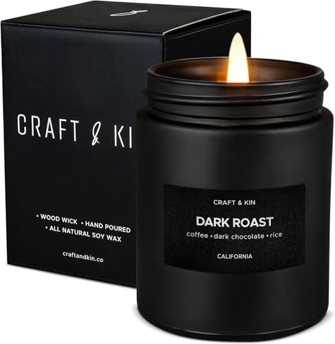 Craft & Kin Premium Dark Roast Coffee Scented Candle – Long Lasting, 45 Hour Burn Time – Luxury Black Natural Soy Scented Candle for Men with Wood Wick – Room Decor and Aromatherapy – 7.6 oz