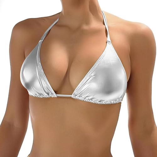 Kepblom Womens Metallic Bikini Top : Shiny Halter Triangle Bralette Rave Top String Swim Bra Silver S