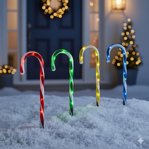 Taylor & Brown 4 Pack Candy Cane Christmas Lights Pathway Lighting Lawn Patio Garden Stake Lights Marker Festive Indoor Outdoor Decorations Battery Powered. (Multi)