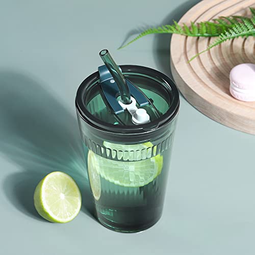 Joeyan 450ml Green Glass Cup with Straw and Lid, Set of 2 Smoothie Cups with Straw - Image 3
