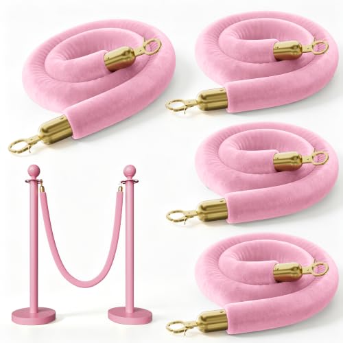 Image of 4PCS Pink Velvet Stanchion Ropes 5 Ft Crowd Control Ropes Barrier with Gold Hooks for Party Supplies,Photobooth Accessories, Prom,Birthday,Business,Wedding, Museums