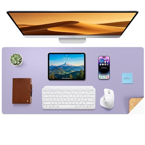 Aothia Dual-Sided Desk Mat, FSC Cork & PU Leather Desk Pad, Large Mouse Pad & Writing Surface for Multi-Device Workspace, Non-Slip Waterproof Desk Protector - 37.8" x 17", Light Purple