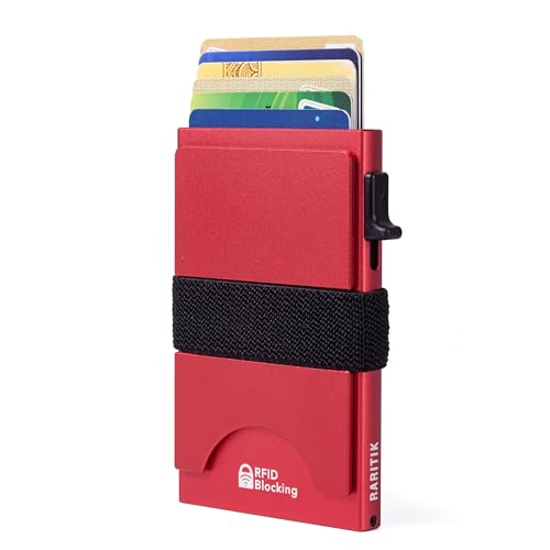 Image of Card Holder Wallets for Men | Slim Aluminum Wallet | RFID Blocking Minimalist Metal Pop Up Wallet | Money Clip & Cash Band | Expandable Compact Plate | Men's Accessories & Gifts for Men,Red