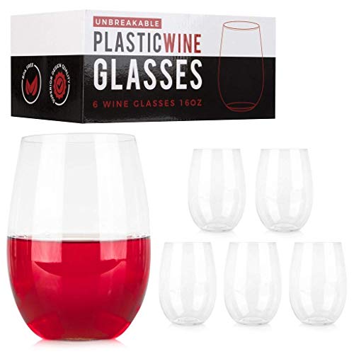 ConnectedPlus 16 oz Stemless Plastic Wine Glasses: Set of 6-100% Tritan Shatterproof, Reusable