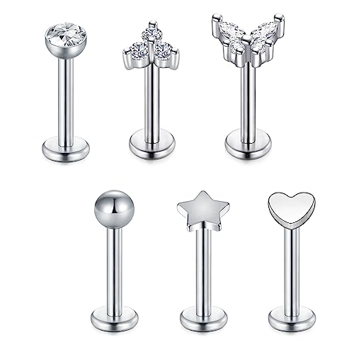 Briana Williams Tragus Earring Flat Back 16g Silver Diamond Lip Labret Bar 6mm 8mm Stud Helix Piercing Jewellery, 8mm, Stainless Steel