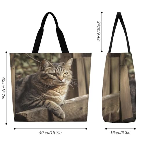 Women's Multi-Functional Shopping Bag，Cat on Wooden Fence Printing Messenger Bag Shoulder Bag for Travel, Work, Shopping & Parties with Inner Pocket, Grocery Bag Lightweight & Water-Resistant2