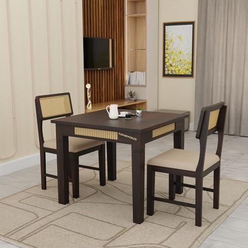 Image of Dining Table Set 2 Seater Dining Set for Home and Kitchen, Rattan Dining Table 2 Seater with Chairs Cane Furniture, Solid Sheesham Wood Dining Set