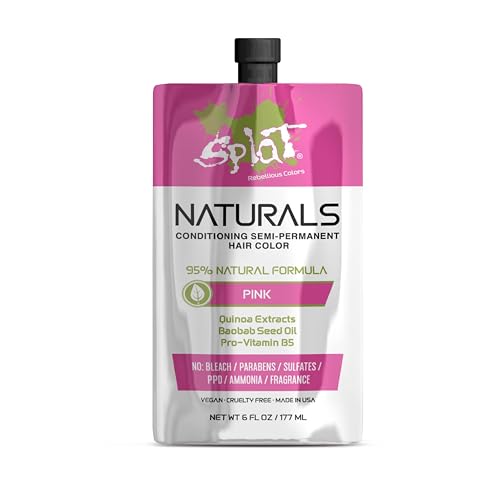 Splat Naturals Semi-Permanent Hair Color, Pink, 6 fl. oz., 95% Natural Hair Dye Formula Lasts Up to 30 Washes, Vegan & Cruelty-Free Semi Permanent Hair Color