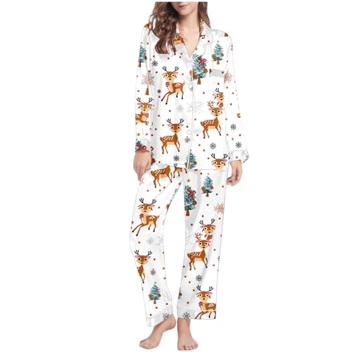 Women's Christmas Pajamas Set Long Sleeve Sleepwear Soft Button Down Shirts and Pants 2Pcs Pjs Lounge Sets Nightwear