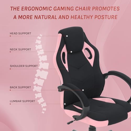 Sedia Gaming, Sedia per PC, Ergonomica con Tessuto Traspirante, Altezza Regolabile, Ruote, Schienale, Braccioli e Funzione Basculante, Nero+Rosa - Sedia gaming - Immagine 5