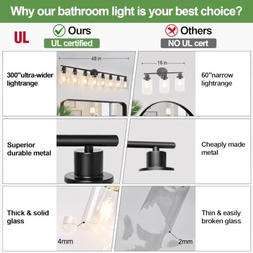 Image of Zarbitta 8-Light Bathroom Light Fixtures, Black Modern Vanity Lights with Clear Glass Shade, Bathroom Wall Lamp, for Mirror Kitchen Living Room Hallway Cabinet Porch