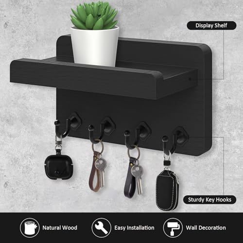 Nekon Key Holder Wall Mount, 8.5 Inch Small Home Decor Wooden Wall Organizer with 4 Hooks and Shelf, Key and Mail Holder for Living Room Entryway Kitchen (Black) - Image 5