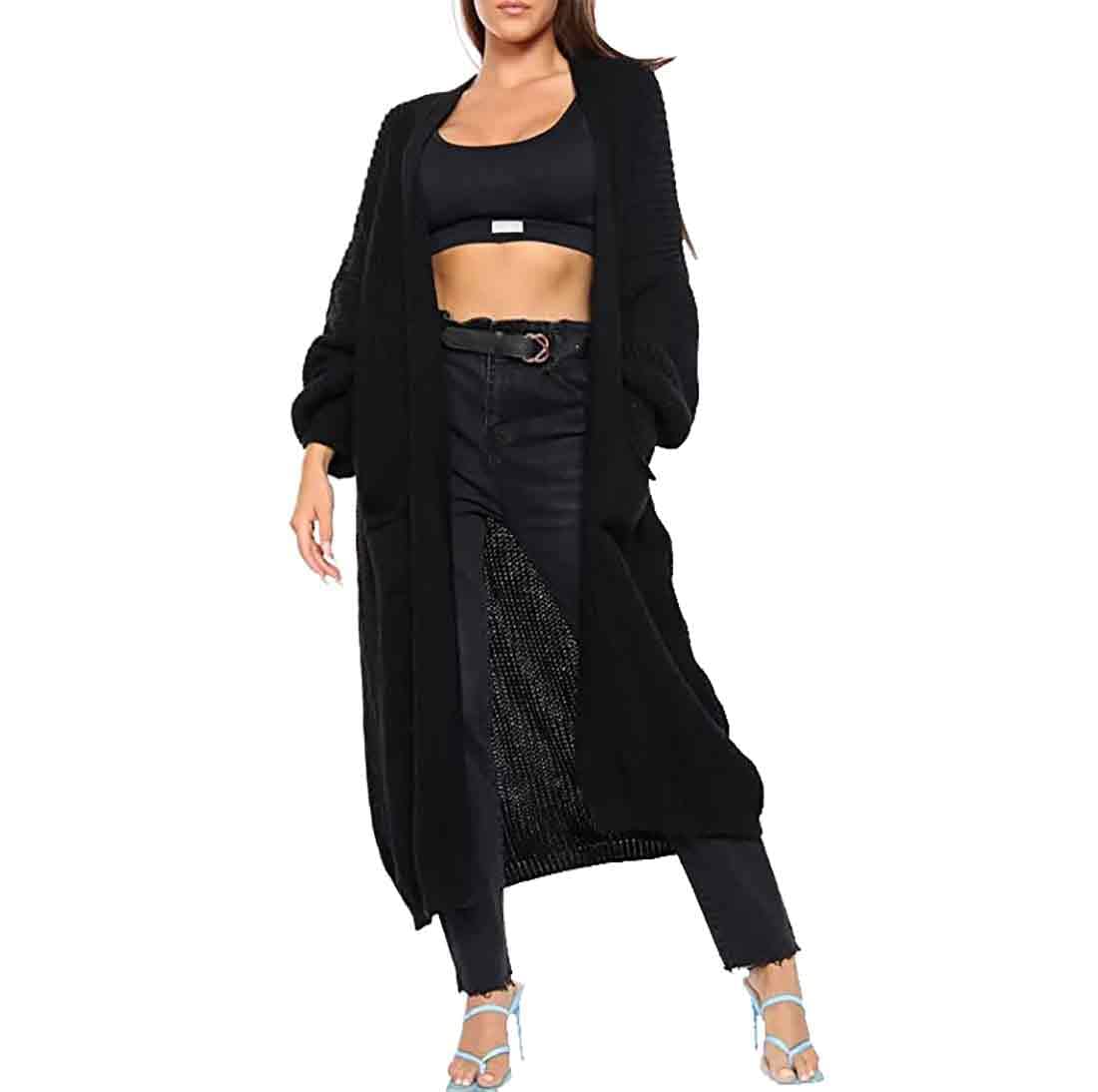 Fairy Trendz Ltd Women's Black Open Front Chunky Knitted Cardigan Oversized Balloon Sleeve Jumper Top ( Uk 12-14)