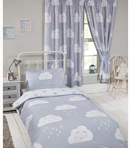 Happy Clouds Bedroom Range Kids Stars White / Grey - Duvet Cover Set & Curtains Available (72" Curtains)