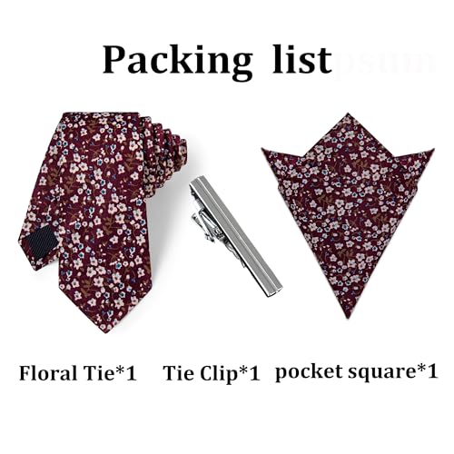 Image of YourTies Cotton Floral Tie for Men 2.5 inch Printed Skinny Necktie Pocket Square Tie Clip Set Flower Wedding Party Groom