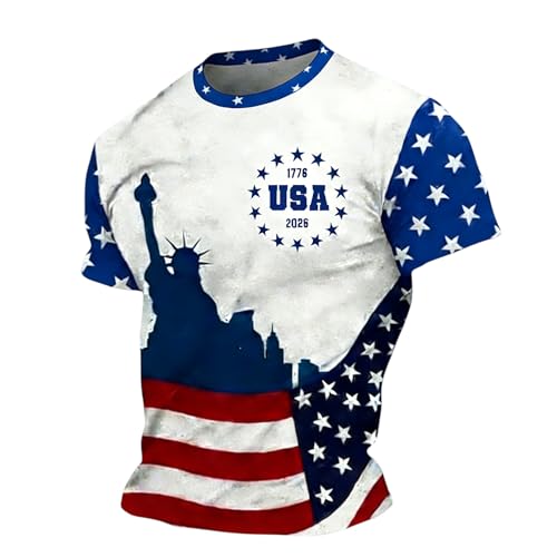 Men's Polos Men’s Short Sleeve Crew Neck T Shirt with Statue of and USA Print Soft Lightweight Casual Top for Everyday Wear Blue L