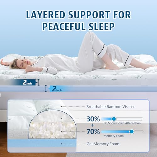 DOWNCOOL Dual Layer 4 Inch Memory Foam Mattress Topper Twin – 2 Inch Gel Memory Foam & 2 Inch Pillow Top Mattress Pad, Soft & Breathable Viscose Made from Bamboo, for Back Pain Relief — view 2