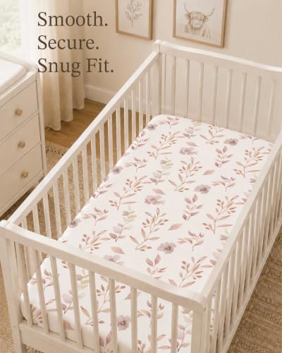 Image of Crib Sheets for Boys and Girls, 2 Pack Fitted Baby Sheets for Standard Toddler Mattress 28 inch x 52 inch, Soft Breathable Jersey Knit Baby Bedding (Floral Fawn)