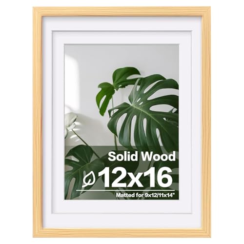 Egofine 12x16 Picture Frame Natural Wood Made of Solid Wood with Plexiglass, Display Pictures 9x12-11x14 with Mat or 12x16 Without Mat, for Wall Mounting Photo Frame
