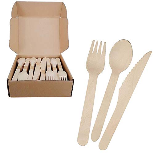 Couverts jetables en bois, fourchettes, couteaux et cuillères jetables en bois, respectueux de l'environnement, (240 pièces - 90 fourchettes, 90 cuillères, 60 couteaux) Cover