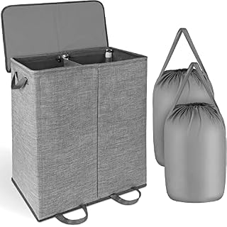 NUCAZA Grey Laundry Basket With Lid & Removable Laundry Bags, 2 Compartments Foldable Laundry Basket Sorter for Light & Dark Clothes, 125L Collapsible Laundry Hamper / Washing Basket - Large