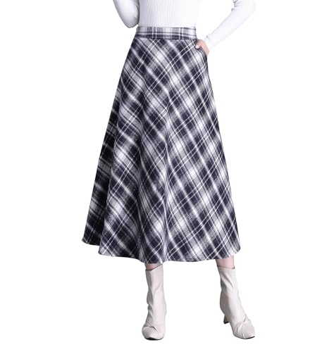 Women's Winter High Waist Plaid Long Skirt Slim A-line Elegant Midi Skirt Maxi Skirt with Pocket