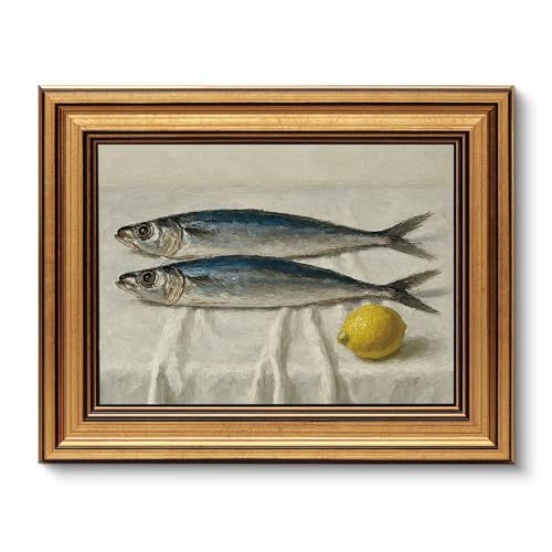 Image of VIYYIEA Vintage Gold Framed Wall Art for Living Room, Salted Fish Canvas Prints Home Decor, Oil Painting Picture, Bedroom Wall Decor Gifts for Friends or Family -【Salted Fish & Lemon】-(10L x 8W)