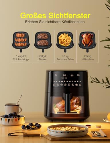 Heißluftfritteuse Airfryer mit Sichtfenster 7,2L, 11-in-1 Air Fryer XXL mit Warm halten, Vorheizfunktion & Abtau, Shake-Reminder Smart und Timer-Funktion, Gesunde Friteuse ohne Öl und fettarmes Kochen – Bild 3