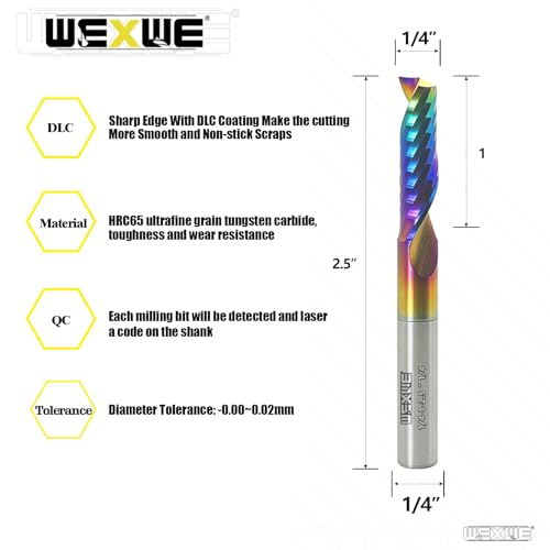 Image of Tools Solid Carbide CNC Spiral Single Flute End Mill - for Acrylic Plate Aluminum, Wood, Plastic, Brass, Copper Cutting - 1 /4 Diameter 1 /4 inch Shank 2.5 inch Length,1 Flute (1 /4-1-2.5 inch 2PCS)