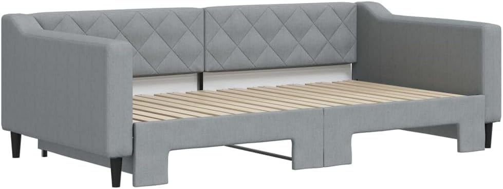 Daybed with Trundle Light Grey Fabric Upholstery Sturdy Platform Bed Frame for Bedroom and Guest Room Modern Minimalist Design Easy-Assembly Durable Foundation with Slatted Mattress-Support