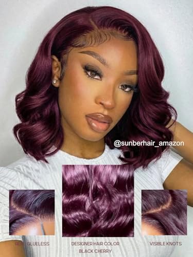 Image of Sunber Black Cherry Body Wave Bob Wig Human Hair Pre Cut 7x5 Glueless Lace Front Drawstring Wig with Curtain Bangs Natural Hairline Bye Bye Knots Pre Plucked Put and Go Wig for Women 14Inch