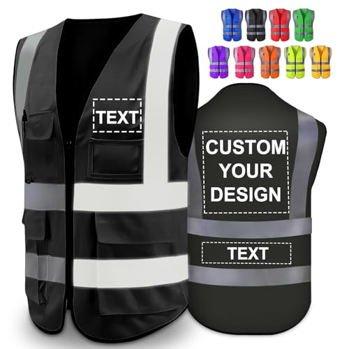 Greaxid Custom Safety Vest for Men High Visibility Reflective Protective Workwear with 5 Pocket for Construction Outdoor,Black L