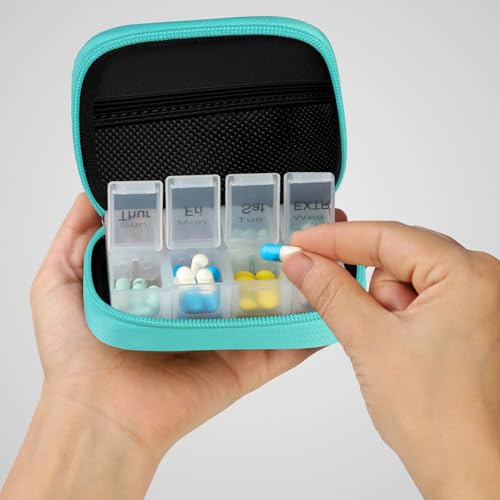 Image of Pill Case Weekly Travel Pill Organizer for Purse with Removable 7 Day Pill Box Premium Neoprene Pill Container for Travel Purse Accessory, Vitamin, Supplement, Small Pieces Arrangement-Green