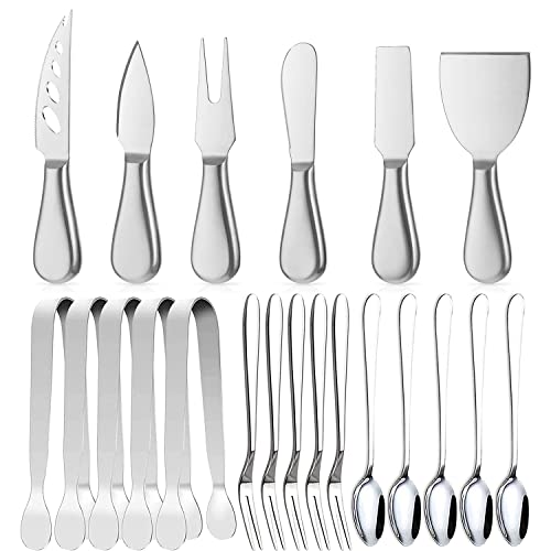 Juego de cuchillos para esparcer, cuchillo para esparcer, cuchillo para cortar queso, hoja de acero inoxidable con asas, pinzas para servir mini cucharas y tenedores para cumpleaños