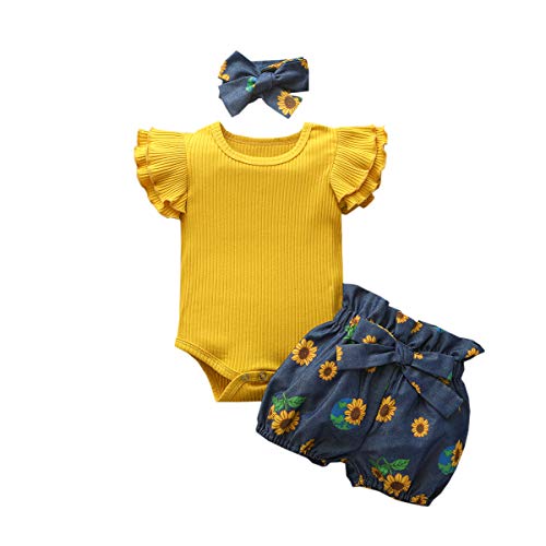3Pcs Floral Newborn Baby Girl Clothes Sunflower Pants Shorts Outfit Set 0-18M (Yellow Short Sleeved,12-18 Months)